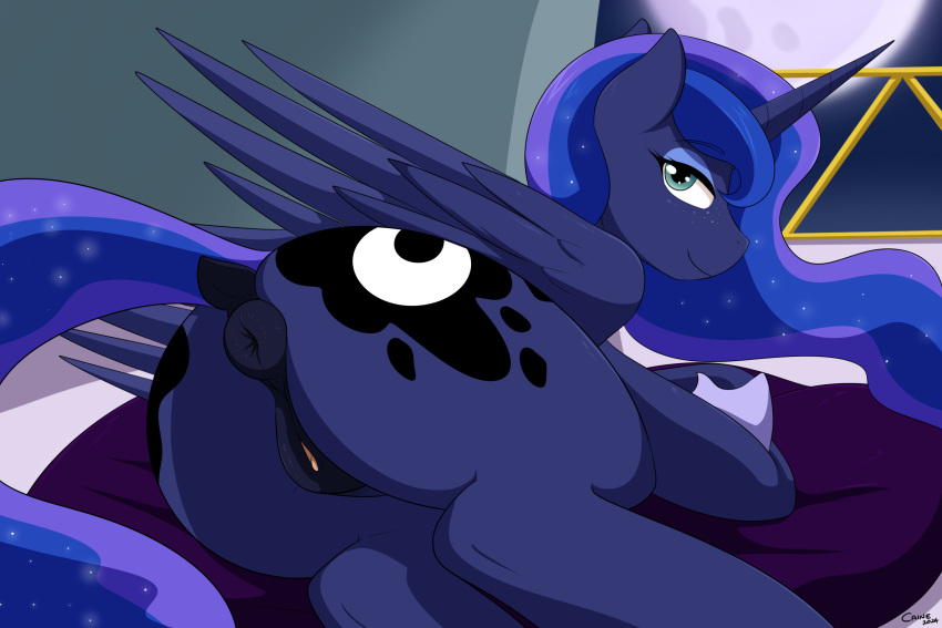 alicorn animal_genitalia anus bedroom_eyes cainesart crescent_moon cutie_mark equid equine female feral freckles friendship_is_magic full_moon genitals hasbro hi_res horn looking_at_viewer looking_back lying mammal moon my_little_pony mythological_creature mythological_equine mythology narrowed_eyes pillow princess_luna_(mlp) puffy_anus pussy seductive solo wings