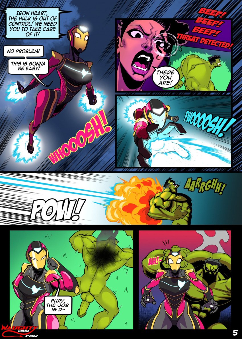 1boy 1girls ass big_ass big_breasts breasts busty chest comic curvy dark-skinned_female dark_skin dialogue digital_media_(artwork) english_text female female_focus fight green-skinned_male green_body green_skin groove1121 hourglass_figure huge_ass huge_breasts hulk hulk_(series) human iron_man_(series) ironheart large_ass large_breasts legs male marvel marvel_comics muscular muscular_male naughtycomix nude nude_male page_5 page_number riri_williams speech_bubble straight superhero superheroine text thick thick_hips thick_legs thick_thighs thighs voluptuous voluptuous_female waist wide_hips