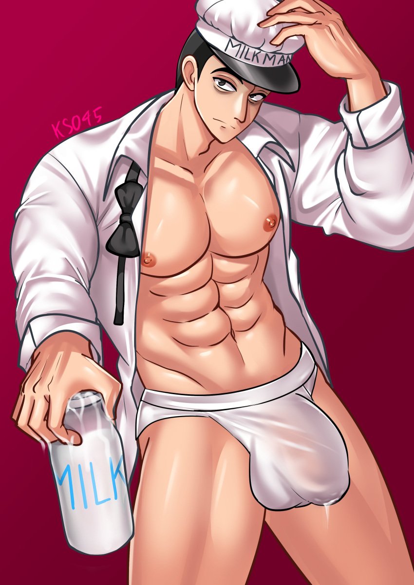 1boy abs baggy_eyes balls balls_bulge bara bara_tiddies bara_tits barazoku big_balls big_bulge big_pecs big_penis black_bow_tie black_bowtie black_hair bottle_of_milk bow_tie bowtie bowtie_removed briefs bulge busty coat coat_open cum cum_drip cum_dripping cum_dripping_from_penis cumdrip dark_circles erect_nipples eye_bags eyebags flaccid flaccid_penis francis_mosses glass_bottle glass_window hat holding_object huge_bulge huge_pecs human human_only ks045 light-skinned_male light_skin looking_at_viewer male male_breasts male_chest male_nipples male_only manboobs milk_bottle milkman moobs muscles muscular muscular_male muscular_thighs nipples open_clothing open_coat pecs pectorals penis penis_in_briefs penis_in_underwear penis_outline red_background six_pack solo solo_focus solo_male standing that's_not_my_neighbor thick_penis tie tired tired_eyes tired_look underwear white_briefs white_coat white_hat white_underwear