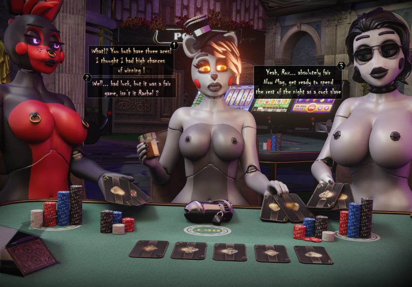 3d animatronic anthro betting cards casino chastity_cage comic five_nights_at_freddy's furry futa_only futanari gambling glowing_eyes magniym oc poker poker_chip rachel_(fnafgamern) robot roxy_(rktzxq)