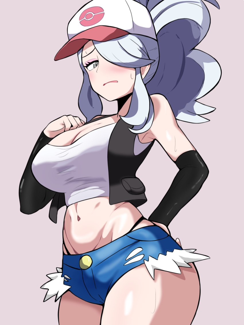 1girls armwear baseball_cap big_breasts black_eyes blue_shorts blush booty_shorts bottomwear breasts clothing cogita_(pokemon) cosplay enbitonbi female female_only game_freak hair hair_over_one_eye hand_on_hip hat headwear hilda_(pokemon)_(cosplay) hips huge_breasts mature mature_female mature_woman milf pokemon pokemon_bw pokemon_legends:_arceus ponytail short_shorts shorts solo solo_female sweat sweatdrop tank_top topwear white_hair white_tank_top