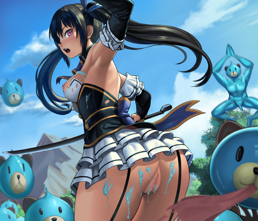 1boy 1girls areola arm_up armpits ass assisted_exposure bangs bare_shoulders black_hair blue_ribbon blurry blush breasts censored cleavage clothing curvy depth_of_field detached_sleeves dissolving_clothes erect_nipples exposed exposed_ass exposed_breasts exposed_nipples exposed_pussy female feral feral_on_female feral_on_human flaccid from_behind hair_ribbon large_ass lasterk long_hair male male_on_female medium_breasts mountain neptunia_(series) nipples no_bra no_panties noire open_mouth outdoors panties_removed penis purple_eyes purple_panties pussy ribbon skirt skirt_lift solo standing stealing_clothes stockings sweatdrop sword torn_clothes tree twintails underwear upskirt weapon