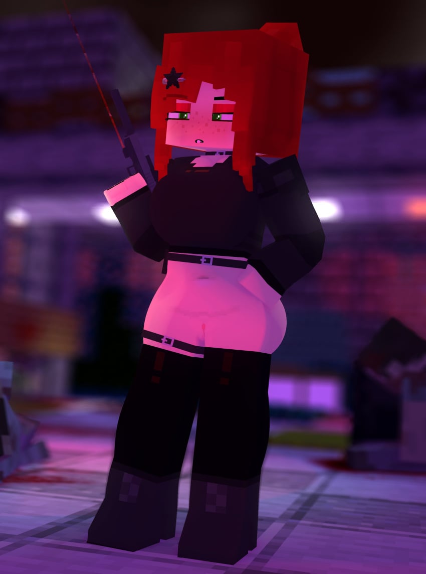 1girls 3d alyx_(mineporncraft) armored_female big_breasts bottomless erect_nipples female green_eyes horny_female human mine-imator minecraft mineporncraft no_panties outside red_hair solo tagme wet_pussy