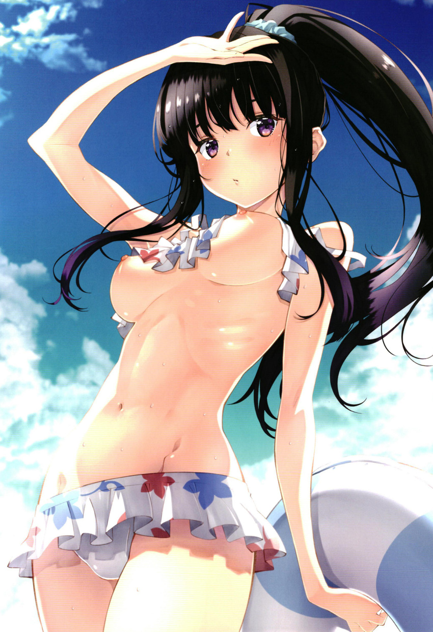 bikini bikini_skirt bikini_top_lift black_hair blush breasts clothes_lift female floral_bikini floral_print highres innertube inoue_takina izumi_mahiru large_breasts long_hair looking_at_viewer lycoris_recoil navel nipples non-web_source open_mouth outdoors ponytail purple_eyes sky solo swim_ring swimsuit