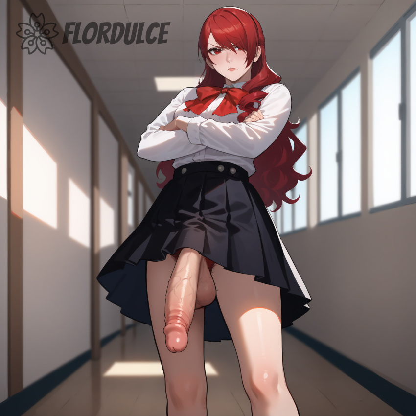 ai_generated annoyed annoyed_expression arms_crossed ball_hair balls erect_penis erection flordulce futanari hairy_balls hairy_testicles hallway indoors mitsuru_kirijo penis persona persona_3 pubic_hair red_eyes red_hair school school_hall school_uniform skirt standing testicles uniform