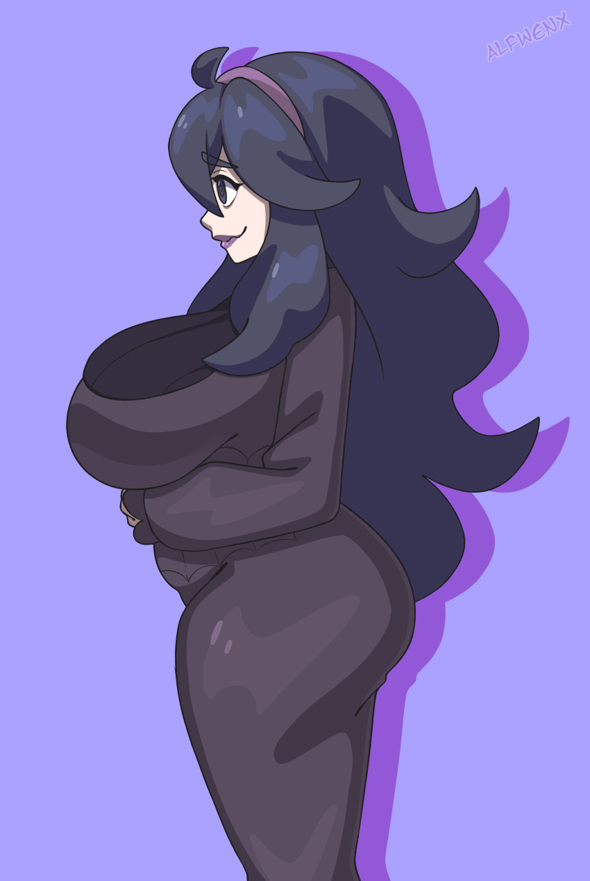 1girls alfwenx ass breasts clothed dress female hex_maniac huge_breasts large_ass light-skinned_female light_skin long_hair nintendo pokemon pokemon_xy purple_eyes purple_hair side_view sideboob simple_background thick_thighs