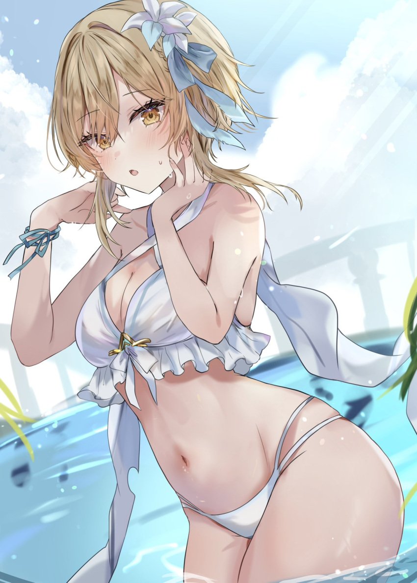 1girls 2d 2d_(artwork) alternate_costume belly belly_button bikini blonde_hair blush clouds day female female_focus female_only flower flower_in_hair front_view genshin_impact high_resolution highres hourglass_figure hoyoverse light-skinned_female light_skin looking_at_viewer lumine_(genshin_impact) maruro medium_breasts mihoyo multi-strapped_bikini outdoors short_hair sky solo solo_female standing standing_in_water summer swimsuit thong thong_bikini two_piece_swimsuit water white_bikini yellow_eyes young younger_female