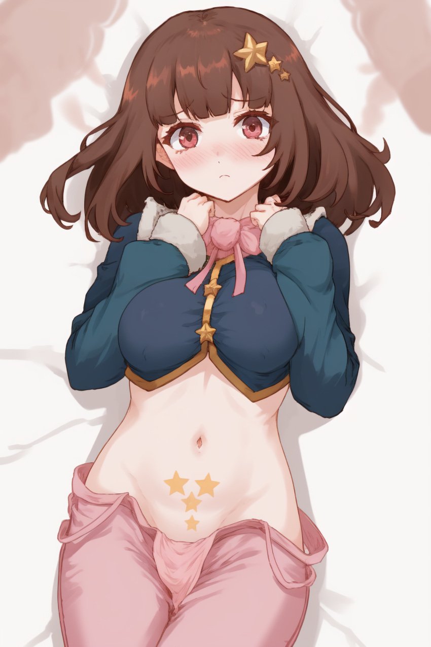 ai_generated brown_hair clothing dressed huge_breasts nude on_bed ricochetk school_uniform short_hair starvtuber virtual_youtuber vtuber wide_hips