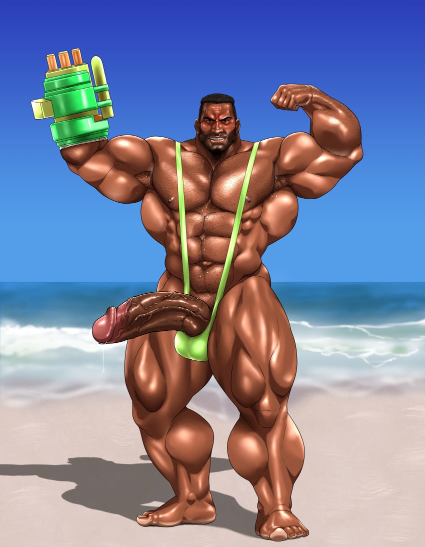 balls banana_hammock bara barret_wallace beard big_penis boner erection facial_hair final_fantasy final_fantasy_vii flexing hitenmaru male male_only mankini muscles muscular penis solo solo_male sweat sweating