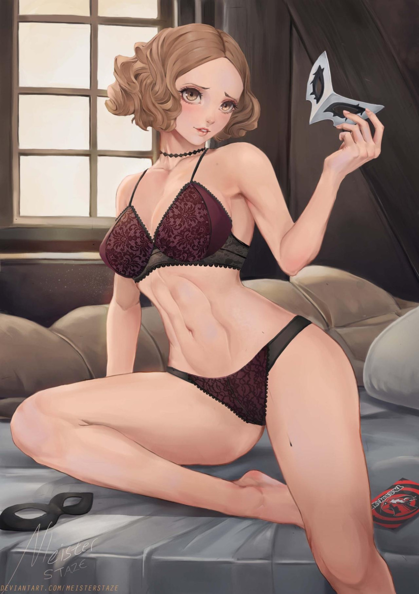 1girls bra brown_eyes brown_hair female_only haru_okumura lingerie mask meister_staze panties persona persona_5 pinup solo uncensored underwear