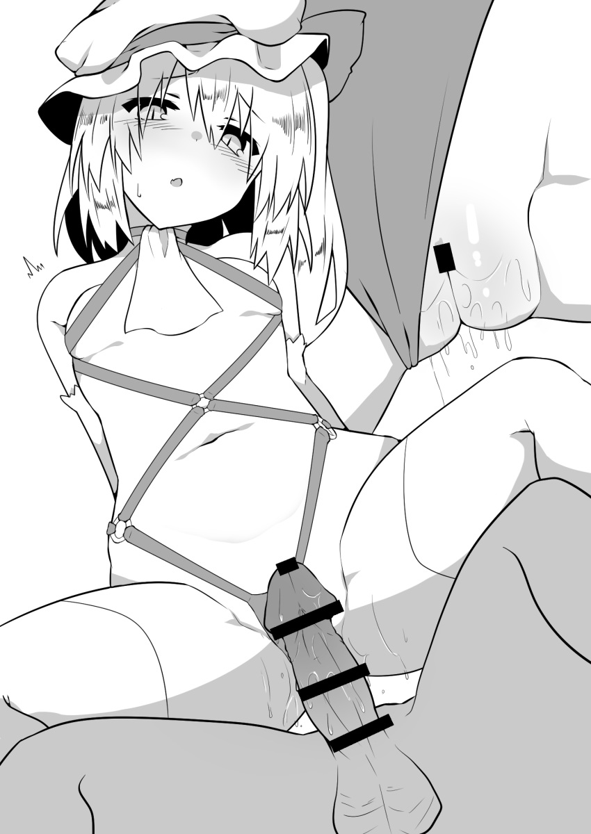 1boy bangs bar_censor bare_shoulders blush bow breasts censored erection eyebrows_visible_through_hair female flandre_scarlet greyscale groin hair_between_eyes hat hat_bow highres kz_oji long_hair mob_cap monochrome navel open_mouth penis pussy pussy_juice side_ponytail simple_background slit_pupils small_breasts straight sweat thighhighs touhou white_background