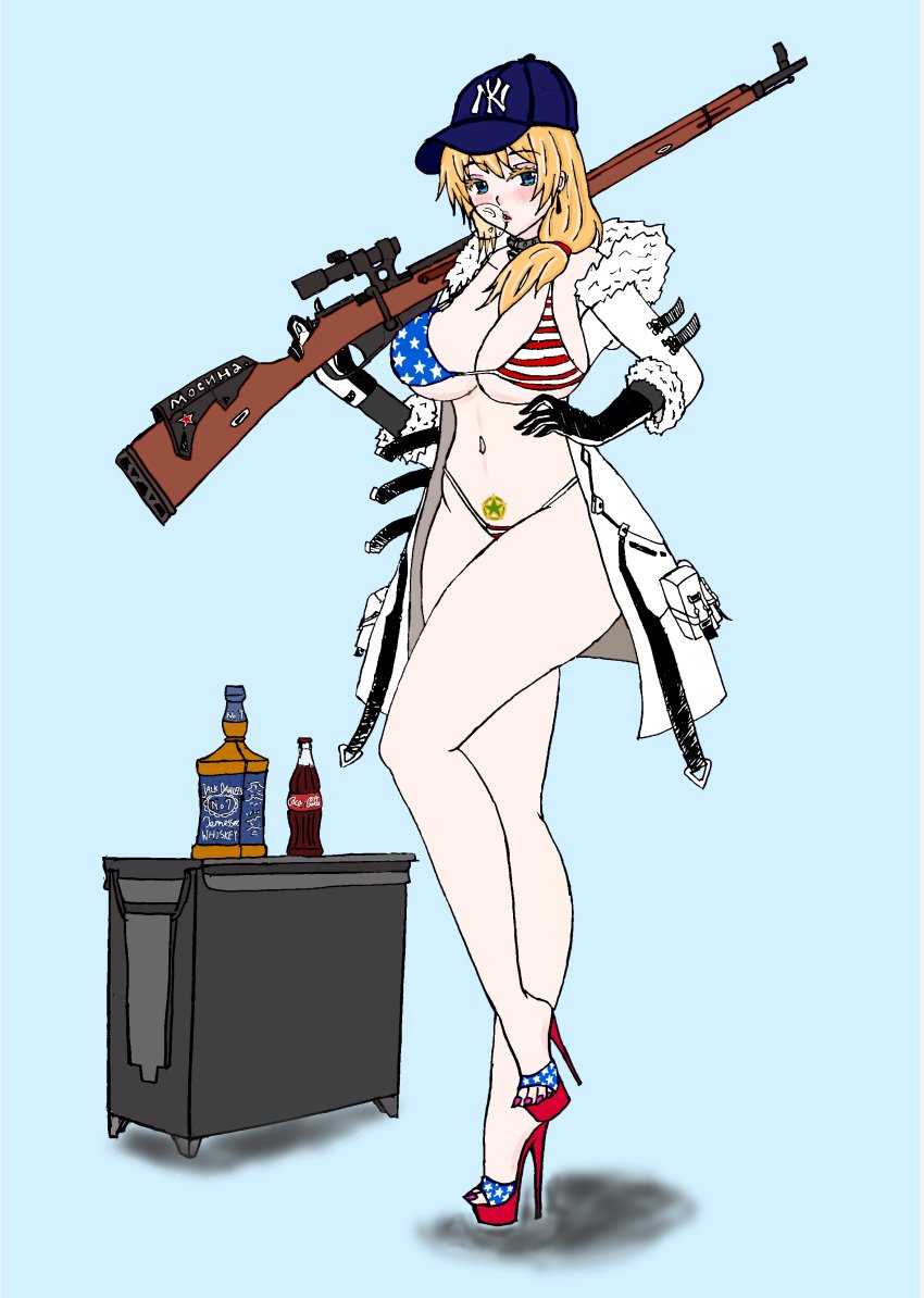 alcohol alcoholic_drink american_flag_bikini ammo_box baseball_cap bimbo bimbofication blonde_hair blue_eyes chewing_gum coca-cola collar girls'_frontline gloves gun high_heel_sandals high_heels holding_gun hooded_jacket jack_daniel's large_breasts liquor_bottle mosin-nagant mosin-nagant_(girls'_frontline) navel platform_heels pubic_tattoo rifle side_ponytail slut tattoo toenail_polish underboob wide_hips