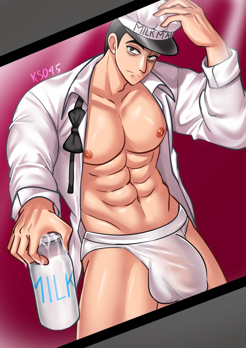 1boy abs baggy_eyes balls balls_bulge bara bara_tiddies bara_tits barazoku big_balls big_bulge big_pecs big_penis black_bow_tie black_bowtie black_hair bottle_of_milk bow_tie bowtie bowtie_removed briefs bulge busty coat coat_open dark_circles erect_nipples eye_bags eyebags flaccid flaccid_penis francis_mosses glass_bottle glass_window hat holding_object huge_bulge huge_pecs human human_only ks045 light-skinned_male light_skin looking_at_viewer male male_breasts male_chest male_nipples male_only manboobs milk_bottle milkman moobs muscles muscular muscular_male muscular_thighs nipples open_clothing open_coat pecs pectorals penis penis_in_briefs penis_in_underwear penis_outline red_background six_pack solo solo_focus solo_male standing that's_not_my_neighbor thick_penis tie tired tired_eyes tired_look underwear white_briefs white_coat white_hat white_underwear window