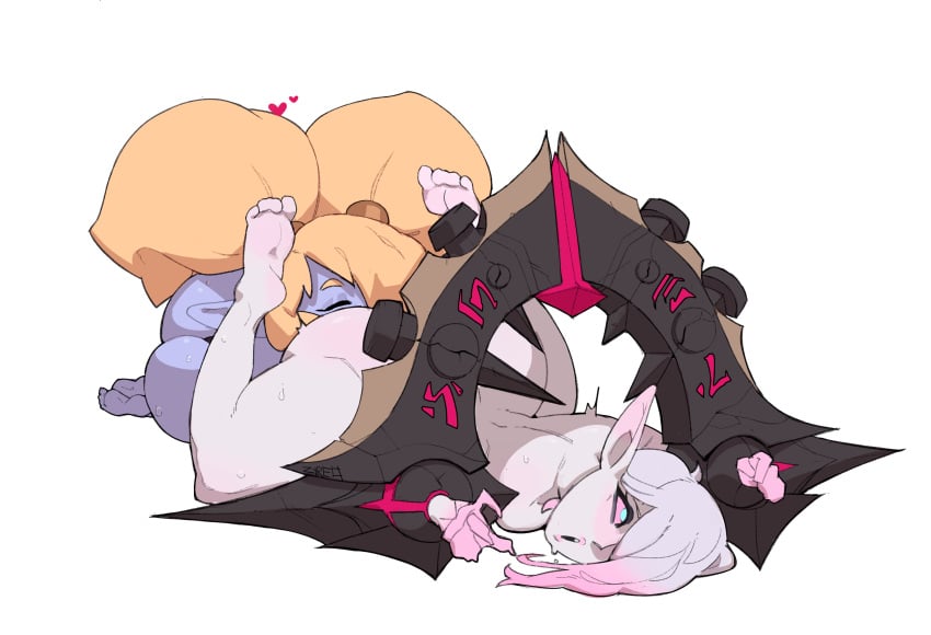 2girls blonde_hair briar_(league_of_legends) bubble_ass bubble_butt female female/female female_focus female_only league_of_legends multiple_girls nude pointy_ears poppy riot_games white_background yordle yuri zyreo