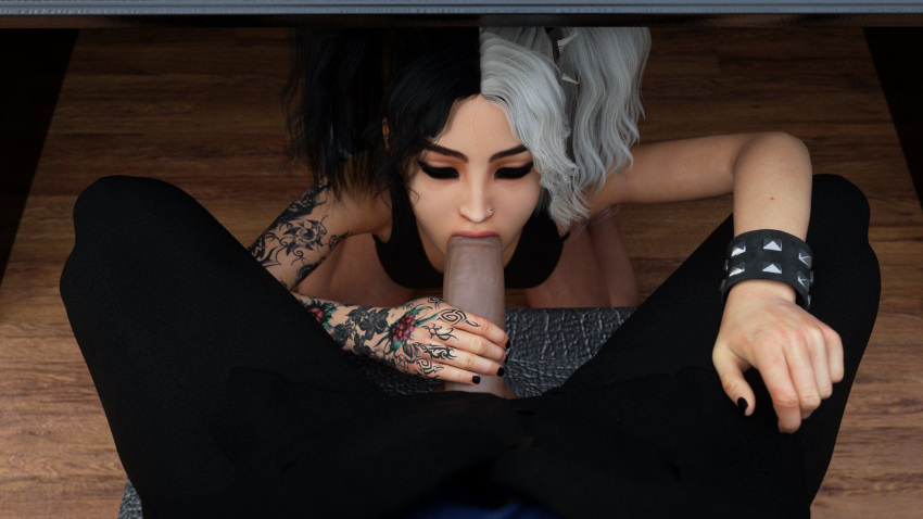 1boy 1girls 3d black_hair black_nails blowjob blowjob_under_table cindy_(milfy_city) closed_eyes dyed_hair female goth goth_girl icstor legs milfy_city penis penis_grab penis_in_mouth penis_out pierced_nose piercing pov pov_blowjob pov_male suit tattoo tattooed_arm tattooed_hand tattoos under_table under_the_table video_game video_game_character video_games visual_novel white_hair