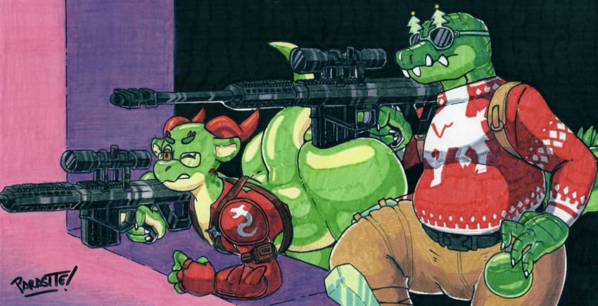 2boys alligator artist_name artist_signature bending_over big_ass big_butt clothed clothing commission cosplay crocodilian digital_drawing_(artwork) digital_media_(artwork) dolph_(fortnite) fortnite girly glasses graphite_(artwork) gun hybrid_(fortnite) kobold marker_(artwork) megatoxic22 mostly_nude parasitedeath sniper_rifle sweater yoshai_the_kobold