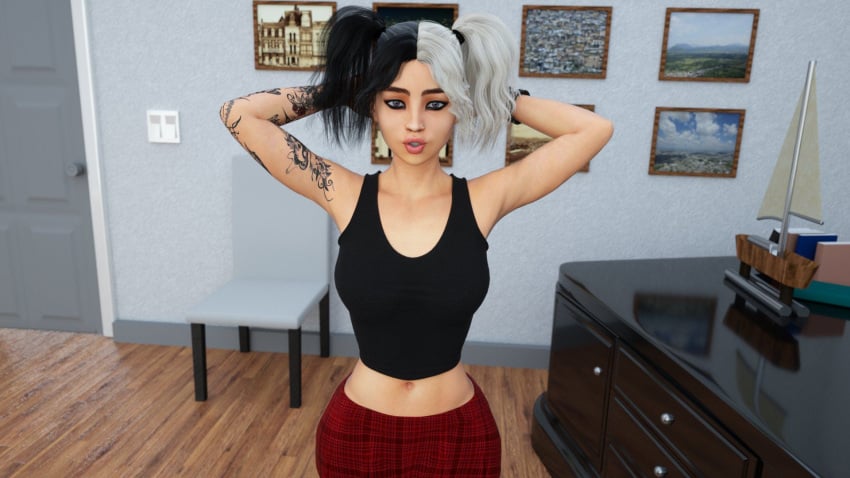 3d black_hair black_shirt blue_eyes chair cindy_(milfy_city) dyed_hair icstor looking_at_viewer milfy_city pierced_nose piercing plaid_skirt pov pov_eye_contact seducing seductive seductive_look skirt sleeveless_shirt tattoo tattooed_arm tattoos twintails white_hair