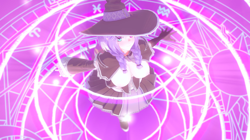 3d big_breasts braided_hair breasts_out cosplay dragon_claws dragon_girl exposed_breasts heterochromia koidragoon large_breasts looking_at_viewer magic_circle magical_girl nijisanji nijisanji_en nipples purple_hair selen_tatsuki virtual_youtuber vtuber wizard_hat