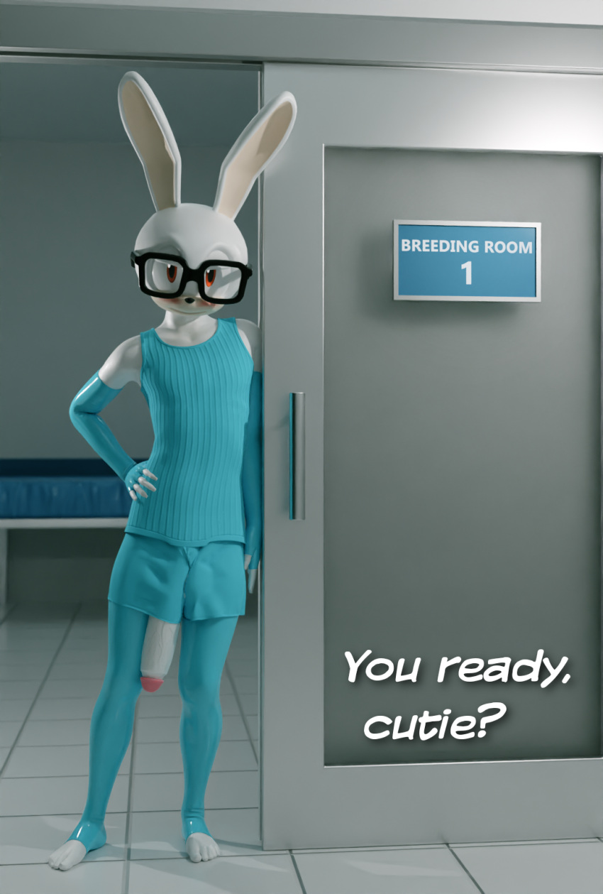 anthro bel_(onlyathrowaway) big_penis blender_(artwork) bottomwear breeder bulge clothing dialogue digital_media_(artwork) eyewear genitals glasses gloves handwear hi_res huge_cock lagomorph latex legwear leporid looking_at_viewer male mammal onlyathrowaway penis rabbit shorts solo stockings text