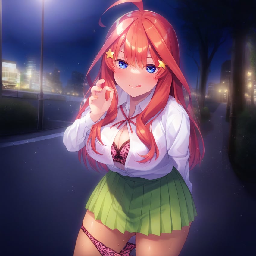 1girls :d ai_generated blue_eyes blush bow bow_bra bra go-toubun_no_hanayome green_skirt homupanty leopard_print leopard_print_bra leopard_print_panties long_hair looking_at_viewer nakano_itsuki open_clothes open_shirt panties panty_pull pink_bra pink_panties red_hair school_uniform skirt solo solo_female solo_focus star_hair_ornament stars_in_hair sweat unbuttoned underwear