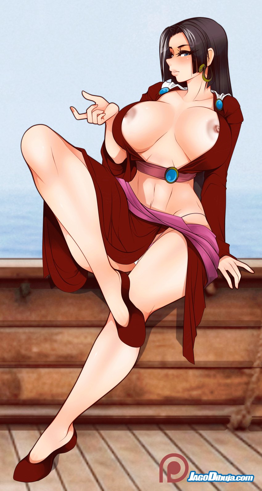 animated black_hair blue_eyes boa_hancock breasts breasts_out clothing female female_only jago_dibuja one_piece partially_clothed shoes