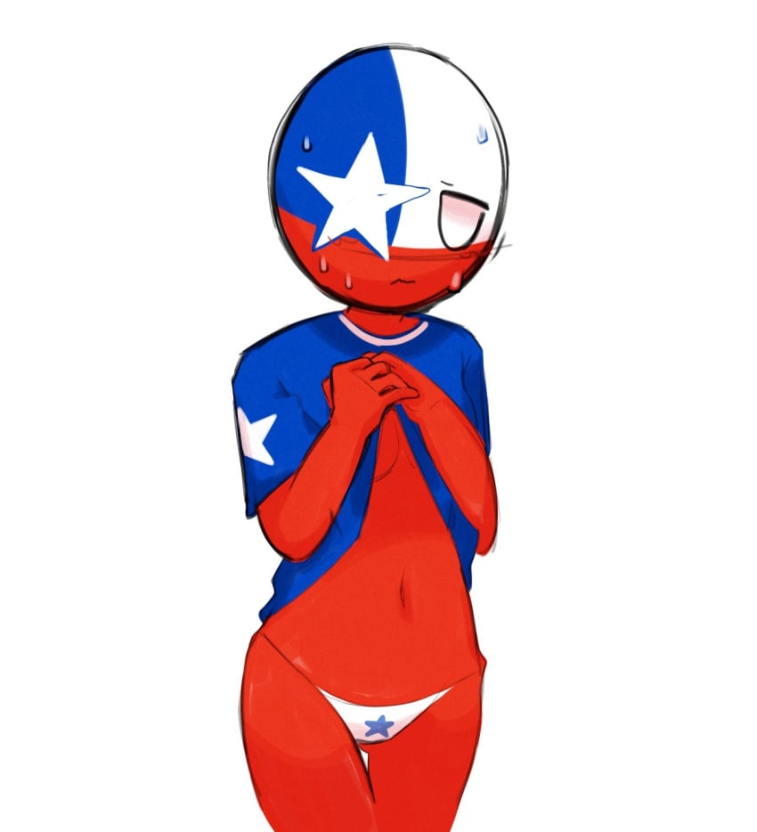 1girls belly_button blue_clothing boobs breasts chile chile_(countryhumans) chilean_flag countryhumans countryhumans_girl female female_only lifting lifting_shirt panties red_body scared shirt shirt_up sleepserumm small_breasts star_(symbol) sweating t-shirt white_panties without_pants worried