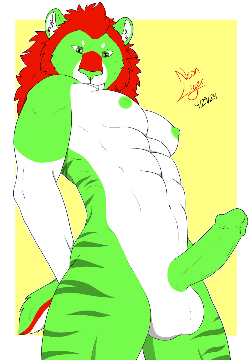 2024 abs aliasing anthro balls belly biceps big_balls big_penis breasts circle_eyebrows countershading cowboy_shot cropped_legs dated deltoids erect_nipples erection eyebrows facial_tuft fangs felid front_view fur genitals green_body green_eyes green_fur green_markings green_nipples green_penis green_stripes gynomastia gynomorph hands_behind_back herm hi_res hybrid inner_ear_fluff intersex jaggy_lines lion looking_at_viewer looking_down male_focus male_nipples male_only mammal mane markings multicolored_tail muscular muscular_anthro muscular_gynomorph muscular_intersex neon_lion nipples non-euclidean_border outline pantherine penis png pose red_mane ryliee_altinay_(neon_lion) saber-toothed_tiger sabertooth_(anatomy) serratus_anterior shaded short_tail signature simple_background simple_shading six_pack small_breasts snout solid_colors solo standing striped_body striped_fur striped_markings stripes tail teeth tuft two_tone_body upper_body white_balls white_belly white_markings white_muzzle white_outline yellow_background