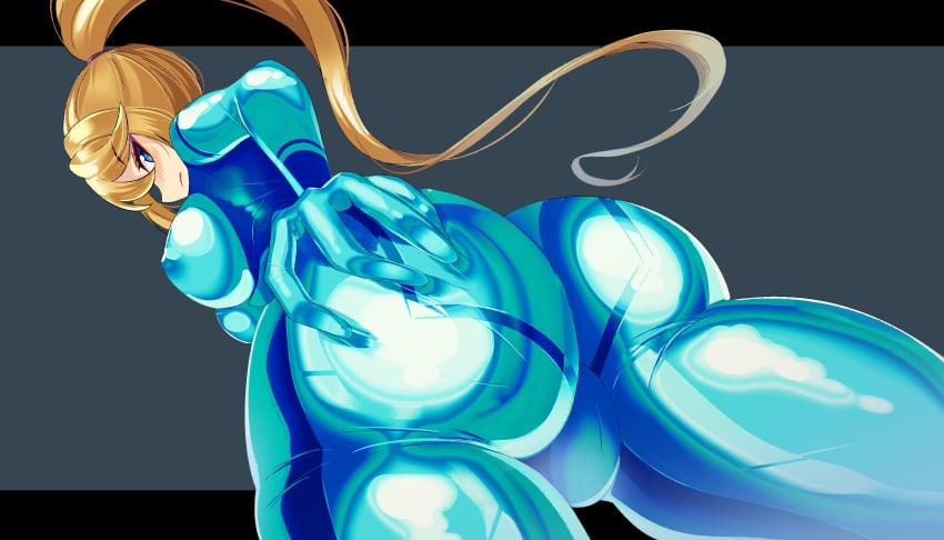 1girls ass ass_focus big_ass big_breasts blonde_hair blue_bodysuit blue_eyes blush bodysuit breasts cameltoe dat_ass erect_nipples female female_only hand_on_ass huge_ass huge_breasts large_ass mature mature_female mature_woman metroid nintendo ponytail samus_aran solo solo_female thick_thighs thighs tight_clothing volyz zero_suit_samus