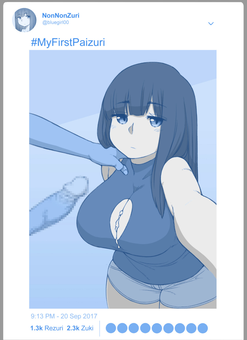 1boy 1girls :/ bangs big_breasts black_hair blue blunt_bangs blush bored breasts censored cleavage_cutout closed_mouth clothed clothed_female collarbone cum cum_on_body cum_on_breasts cum_on_chest cum_on_upper_body dated duo ekz emotionless erection eyebrows_visible_through_hair faceless_male female female_focus fully_clothed hand_on_another's_shoulder hashtag highres human large_breasts long_hair looking_at_viewer male male_pov monochrome mosaic_censoring number original penis perpendicular_paizuri pov self_shot shirt short_shorts shorts sketch sleeveless sleeveless_shirt solo_focus straight time twitter twitter_username watermark young