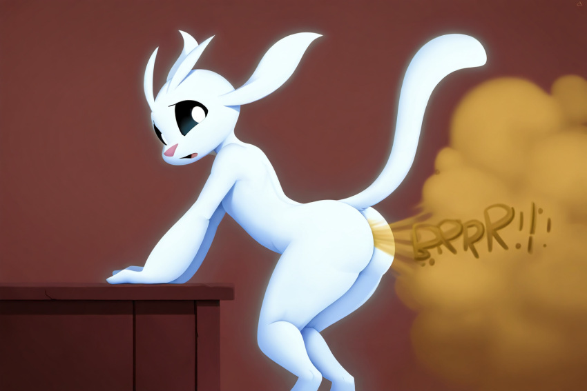 ai_generated anthro bending_forward fart fart_cloud fart_fetish furniture furry guardian_spirit landscape ori_(ori) ori_(series) pink_nose simple_background smaller_male spirit tagme tail white_body