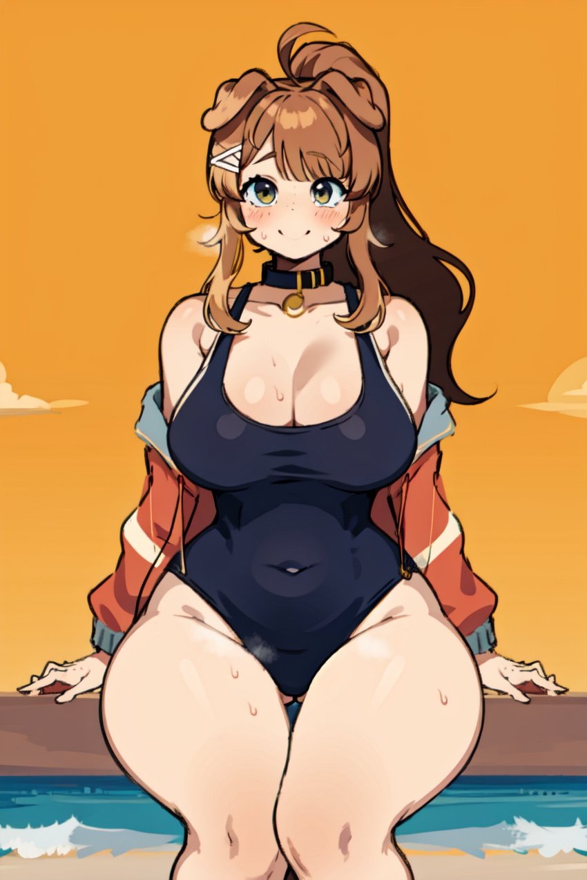 ai_generated beach brown clothing dog_ears dog_girl dressed hair huge_breasts latam_virtual_youtuber lilybell_vt long_hair oneeshi ponytail ricochetk sitting solo_female swimsuit virtual_youtuber vtuber vtuberfanart wide_hips