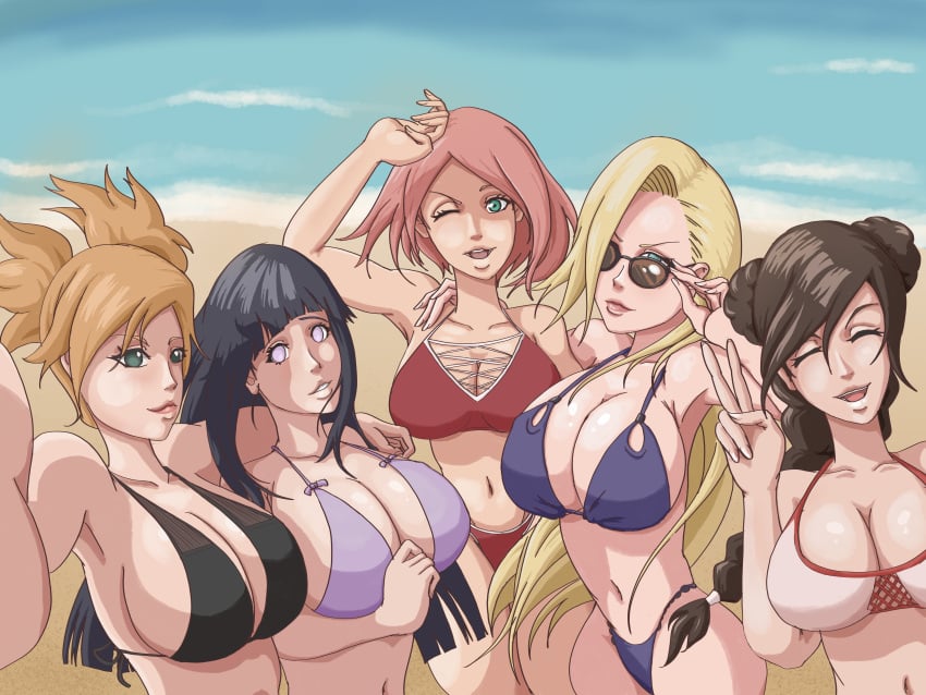 5girls adjusting_eyewear adjusting_glasses adjusting_sunglasses beach bikini black_hair blonde_hair blue_eyes brown-tinted_eyewear brown_hair cleavage closed_eyes female female_only green_eyes hair_buns huge_breasts human hyuuga_hinata ino_yamanaka large_breasts lavender_eyes looking_at_viewer looking_over_eyewear looking_over_glasses looking_over_sunglasses multiple_girls naruto naruto_(series) pink_hair sakura_haruno seaside sunglasses temari tenten tinted_eyewear twintails voluptuous wanderagro893