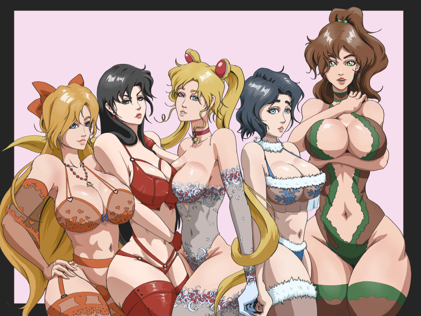 5girls ami_mizuno bishoujo_senshi_sailor_moon black_hair blonde_hair blue_eyes blue_hair bow bra brown_hair cleavage clothing detached_sleeves green_eyes hairbow huge_breasts large_breasts lingerie long_hair makoto_kino medium_breasts minako_aino panties ponytail rei_hino short_hair stockings twintails usagi_tsukino voluptuous wanderagro893