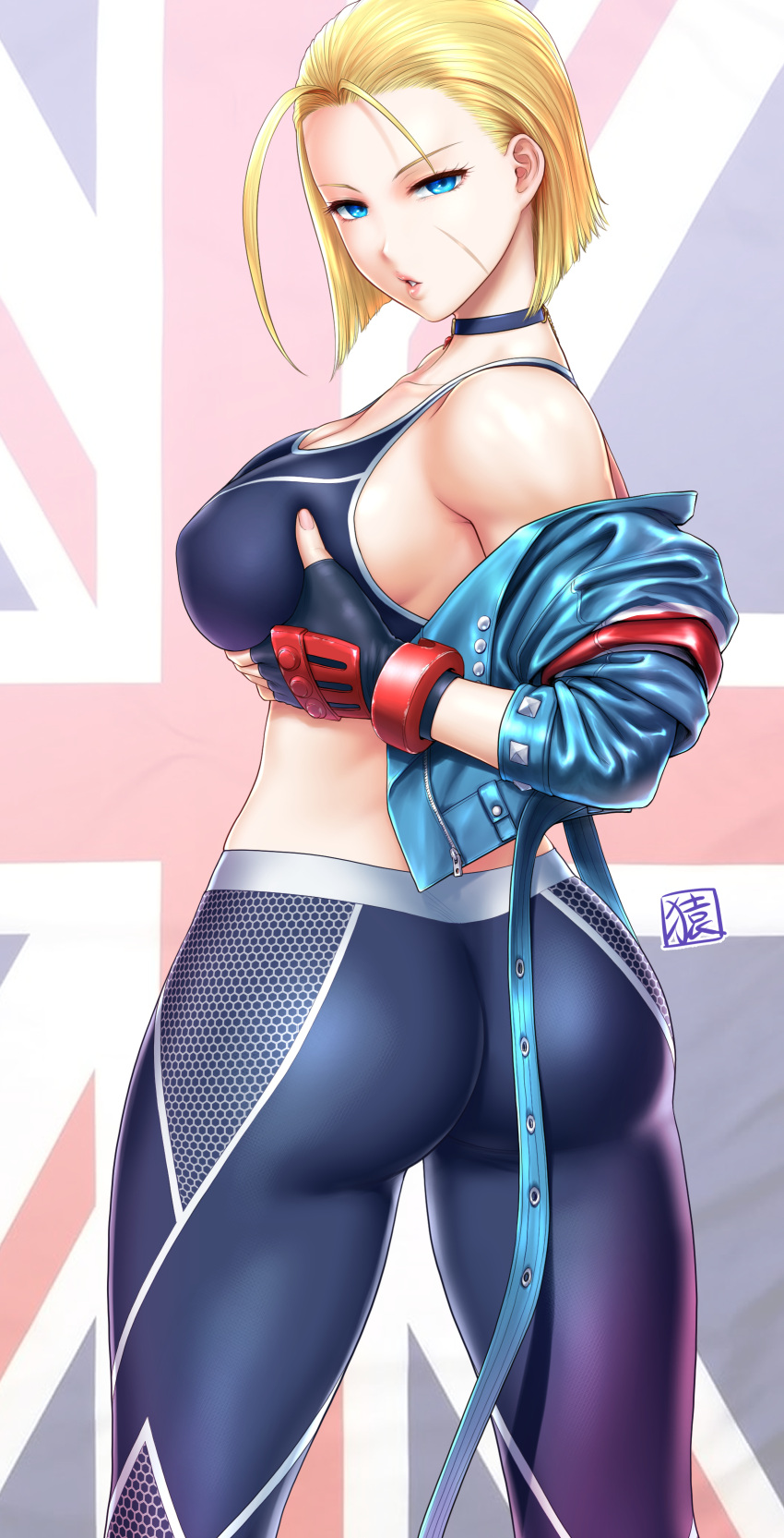 1girls ass blonde_hair blue_eyes breasts cammy_white capcom covered_erect_nipples female from_behind grabbing_own_breast highres jacket large_breasts legs looking_at_viewer looking_back midriff pants parted_lips pink_lips scar seductive_gaze short_hair sideboob solo st.germain-sal street_fighter tank_top thick_thighs thighs union_jack