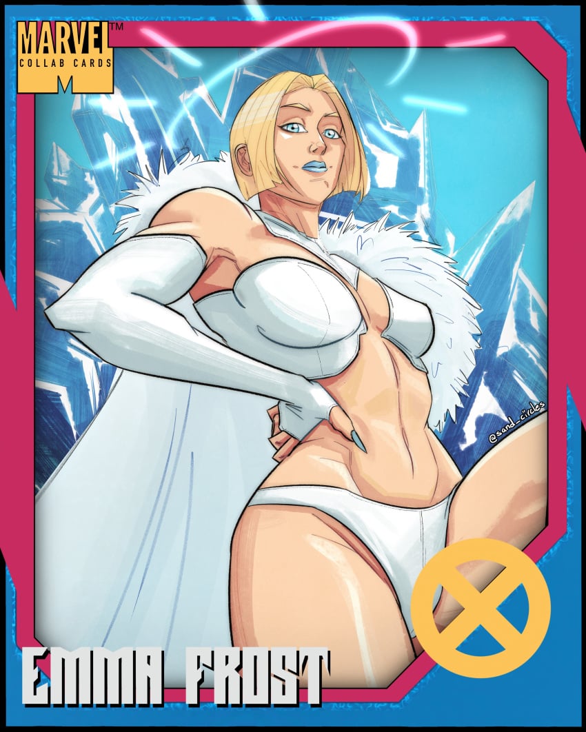 1girls artist_name blonde_hair blue_eyes blue_fingernails blue_lipstick cape cleavage curvy emma_frost fingerless_gloves light-skinned_female light_skin marvel marvel_comics mutant painted_fingernails painted_nails revealing_clothes sand_circles trading_card white_fur white_outfit white_queen x-men