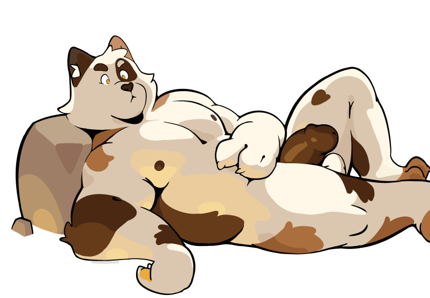 anthro brown_body brown_fur brown_penis casual_exposure casual_nudity felid fur genitals hi_res keesh male mammal penis reclining solo solo_focus solo_male white_body white_fur