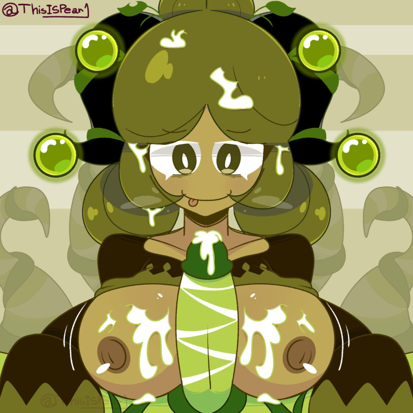 breasts cookie_run cookie_run_kingdom cum_on_breasts cum_on_hair frostone green_eyes green_hair green_penis horns looking_at_penis matcha_cookie partially_clothed tongue_out