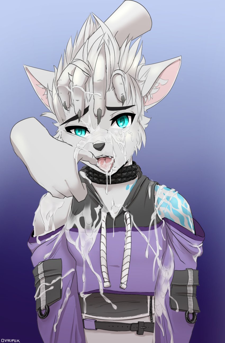 absurd_res anthro bodily_fluids canid canine canis claws clothed clothing cum cum_on_face disembodied_hand duo eyebrows femboy fingers genital_fluids hi_res jack_wyatt male male_focus male_only mammal open_mouth tongue tongue_out vikifox wolf