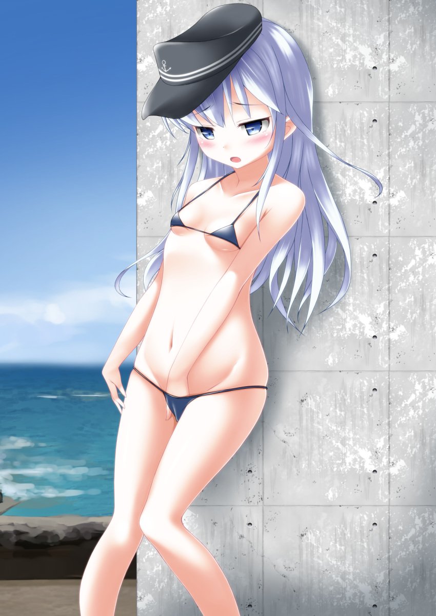 :o against_wall anchor_symbol arm_at_side bangs bikini black_hat black_swimsuit blue_bra blue_eyes blurry blush breasts cloud collarbone commentary_request day depth_of_field eyebrows_visible_through_hair female fingering flat_cap groin half-closed_eyes halterneck hand_in_swimsuit hat hibiki_(kantai_collection) highres horizon kantai_collection kaze_makase knees_together_feet_apart long_hair looking_down masturbation micro_bikini navel ocean open_mouth outdoors sidelocks silver_hair skindentation sky small_breasts solo standing stomach string_bikini swimsuit torogao underboob very_long_hair