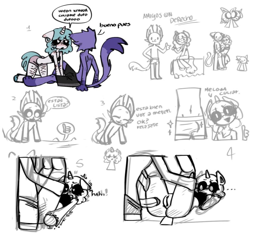 1boy 1girls anthro anthro_on_anthro anthro_only cat catnap catnap_(poppy_playtime) chispxita_(artist) comic crafty_corn craftycorn critters_(poppy_playtime) cyan_hair cyan_tail domestic_cat feline female furry_only male mythology no_humans palatis penis penis_in_pussy poppy_playtime poppy_playtime_(chapter_3) purple_fur purple_skin pussy sex sketch sketch_page smiling_critters spanish_dialogue spanish_text straight tagme unicorn unicorn_horn white_body white_fur white_skin