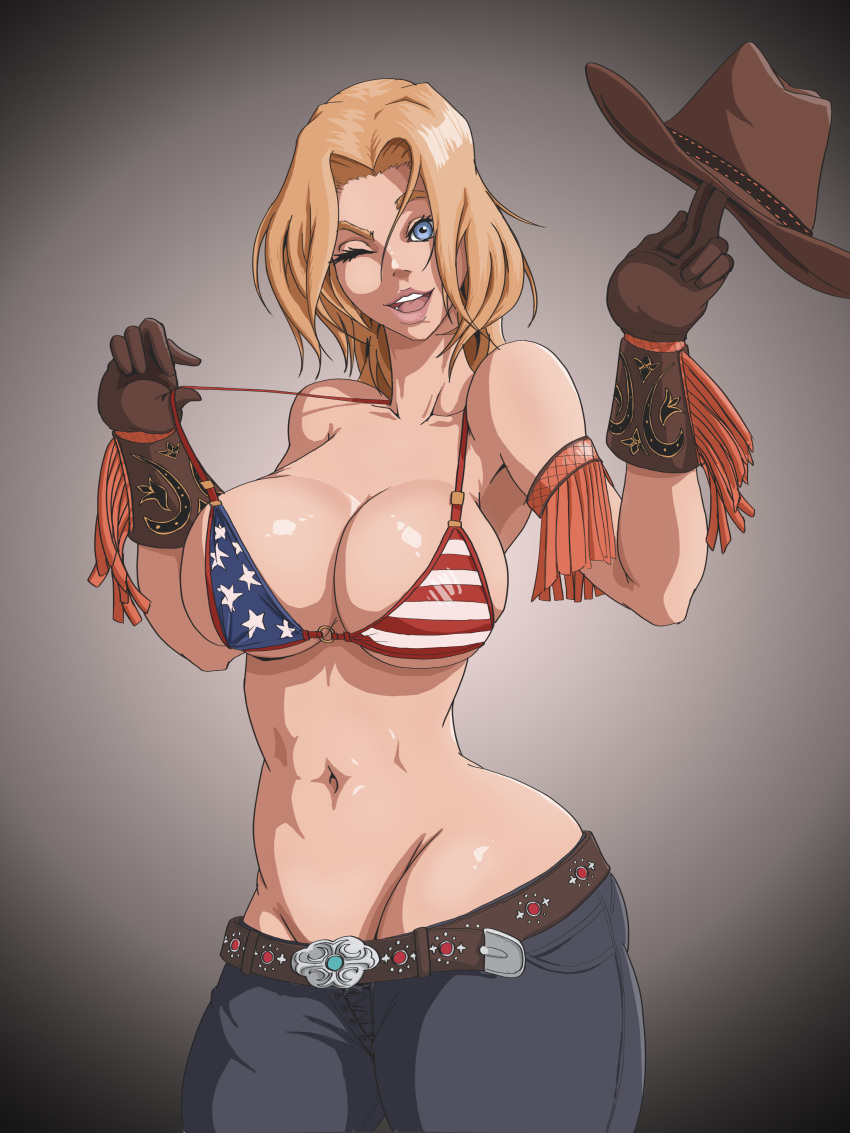 1girls american_flag_bikini belt blonde_hair blue_eyes cleavage cowboy_hat cowgirl cowgirl_outfit dead_or_alive gloves huge_breasts jeans medium_hair tina_armstrong voluptuous wanderagro893 wink