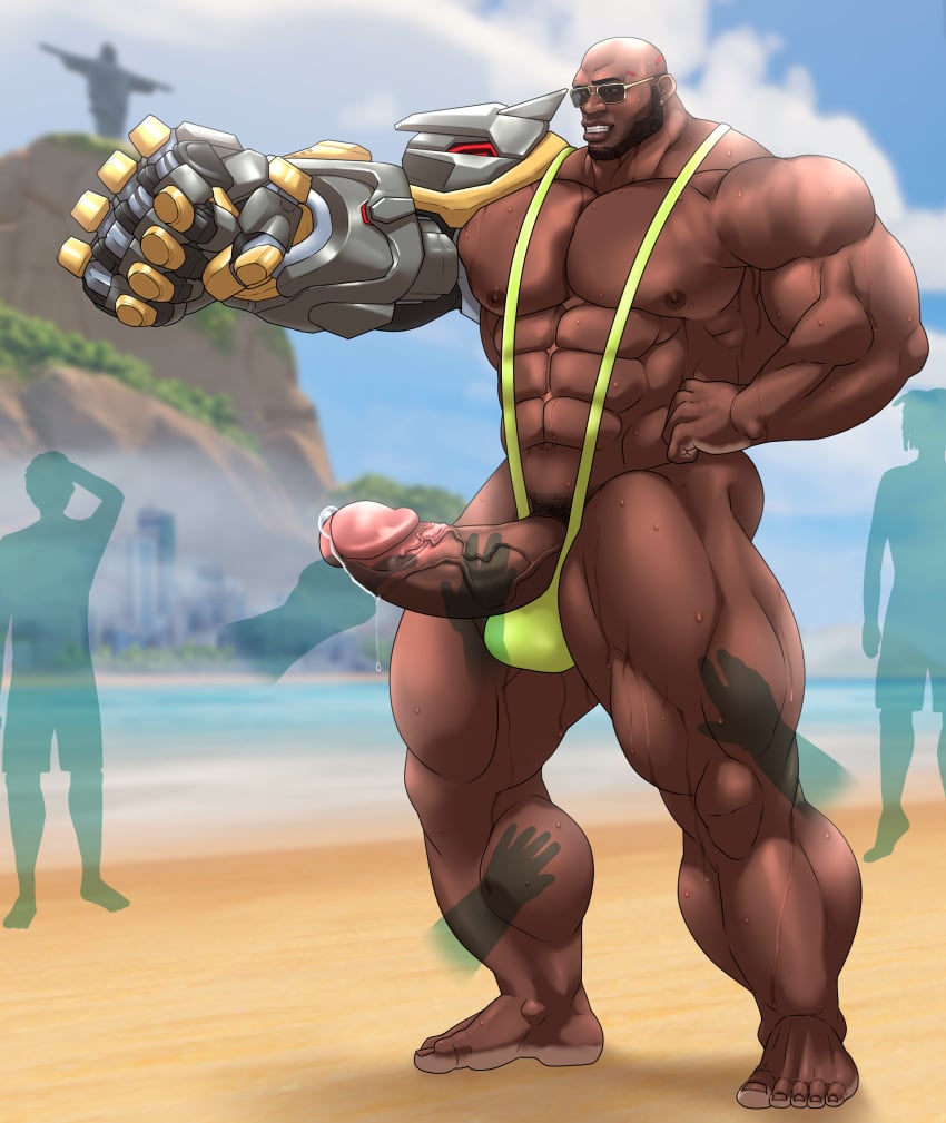 balls banana_hammock bara beard big_penis boner disembodied_hands doomfist erection facial_hair hitenmaru male male_focus male_only mankini muscles muscular overwatch overwatch_2 penis precum sunglasses sweat sweating