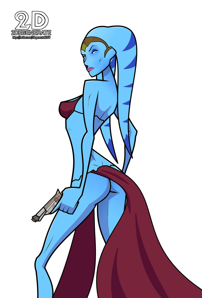 ass belly_dancer belly_dancer_outfit bikini_top blue_eyes blue_skin gun harem_girl harem_outfit headwear holding_weapon loincloth star_wars star_wars:_the_old_republic text twi'lek upskirt vette