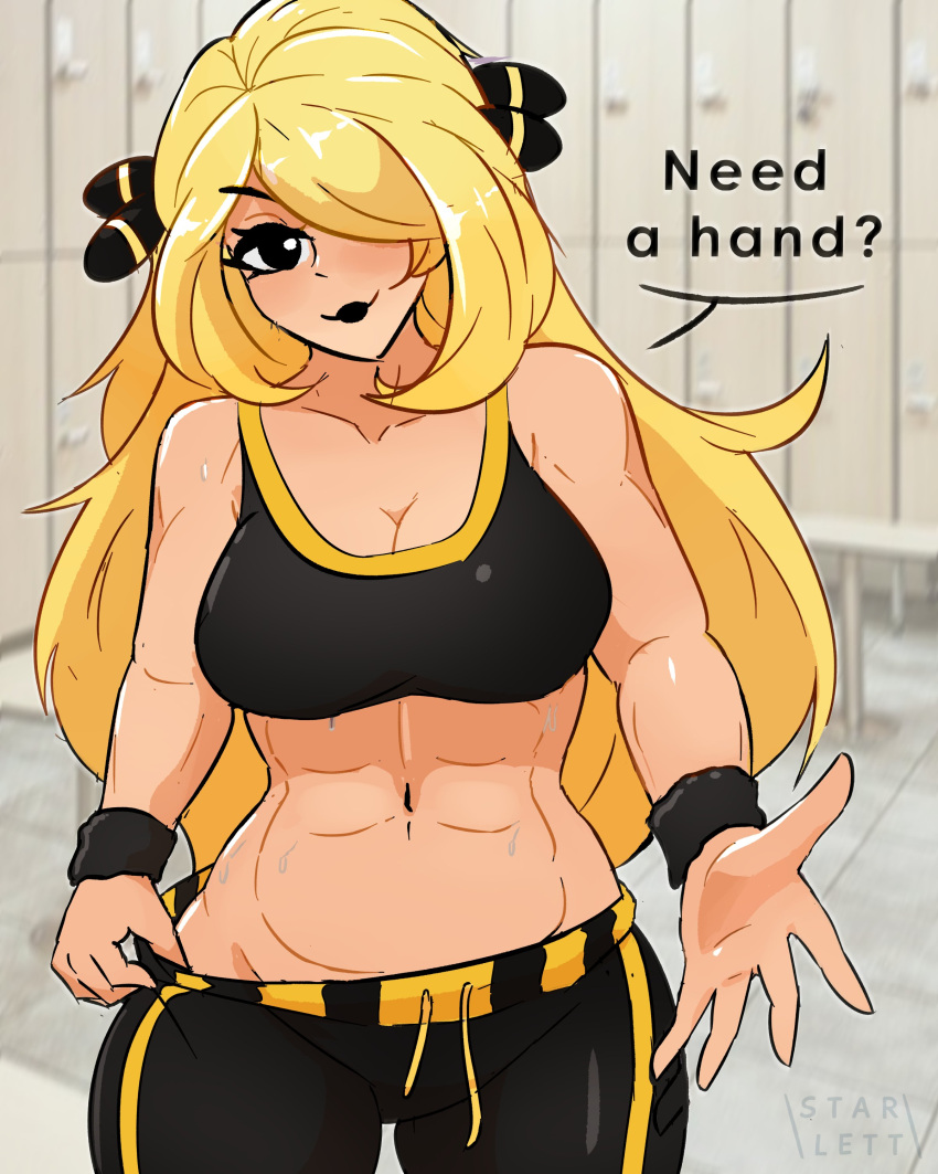 1girls abs artist_name black_lipstick blonde_hair c_starlett cynthia_(pokemon) english_text gym_clothes hair_over_one_eye light-skinned_female light_skin looking_at_viewer muscular muscular_abs muscular_female nintendo pokemon sports_bra sweat