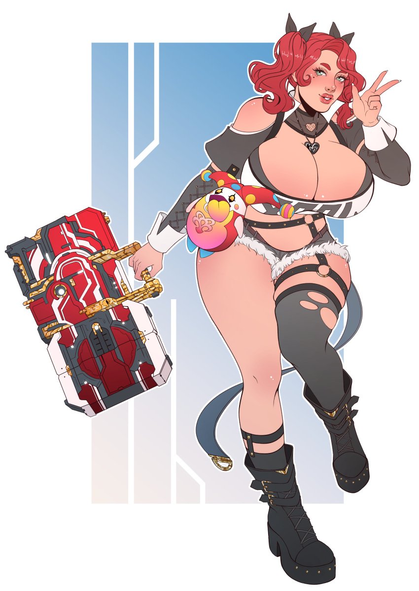 briefcase commission commissioner_upload cosplay cutoff_shorts fully_clothed green_eyes huge_breasts kingdom_hearts nagyszy_(artist) nicole_demara red_hair shorts thick_thighs warframe wide_hips zenless_zone_zero