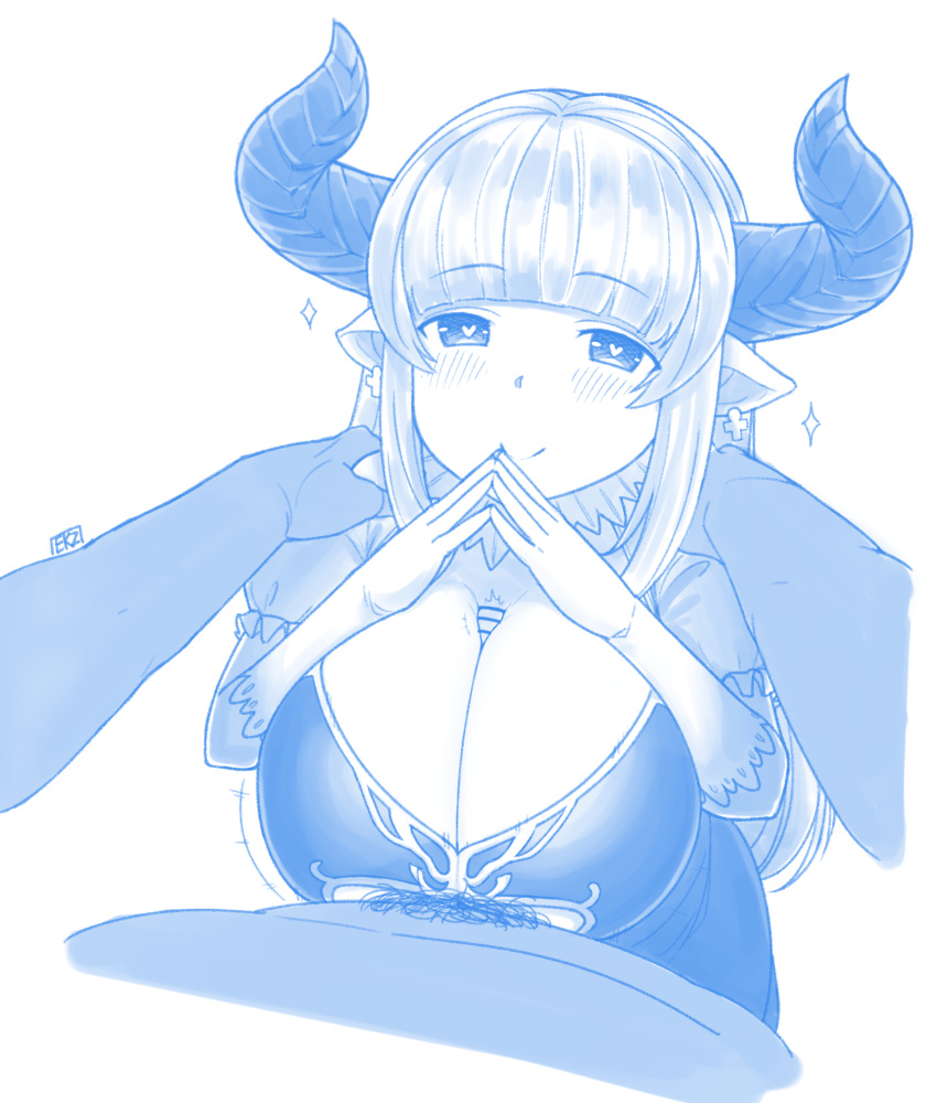 +++ 1boy 1girls 5_fingers alicia_(granblue_fantasy) arched_bangs bangs big_horns blue blunt_bangs blush breasts censored clasped_hands closed_mouth curved_horns doraf dress earrings ekz eyebrows_visible_through_hair female from_above gloves granblue_fantasy hands hands_on_another's_shoulders heart heart-shaped_pupils highres horns huge_breasts jewelry limited_color long_hair looking_at_viewer male_pubic_hair monochrome near_monochrome paizuri penis perpendicular_paizuri pointy_ears pubic_hair ridged_horns sketch solo_focus sparkle steepled_fingers straight symbol-shaped_pupils white_background