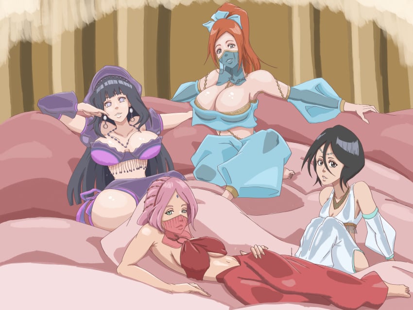 4girls belly_dancer belly_dancer_outfit black_eyes black_hair bleach brown_eyes cleavage crossover female female_only green_eyes harem harem_girl harem_outfit harem_pants huge_breasts human hyuuga_hinata inoue_orihime kuchiki_rukia large_breasts lavender_eyes medium_breasts multiple_girls naruto orange_hair pink_hair ponytail sakura_haruno veil wanderagro893