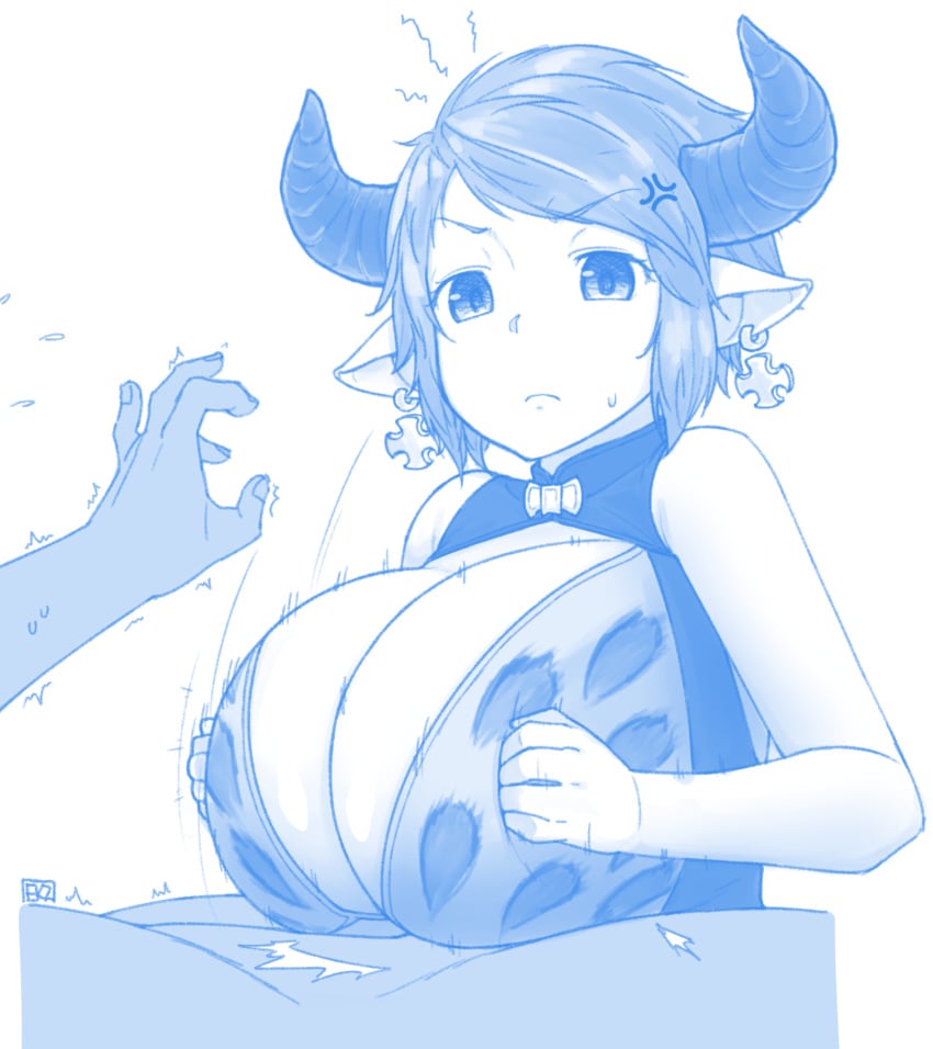 >:( 1boy 1girls anger_vein blue breasts closed_mouth cross cross_earrings doraf earrings ekz female flying_sweatdrops frown granblue_fantasy highres huge_breasts jewelry lying monochrome motion_lines on_back paizuri pointy_ears short_hair sketch solo_focus squiggle sturm_(granblue_fantasy) sweat white_background