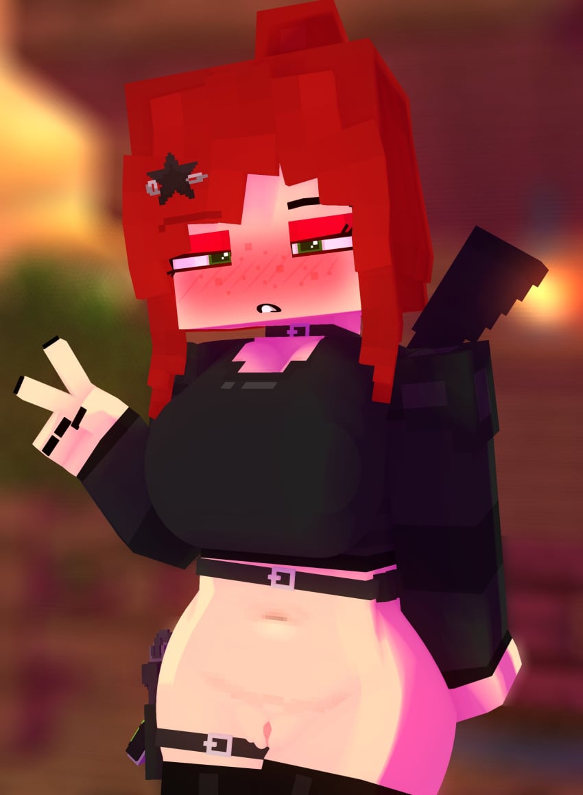 1girls 3d alyx_(mineporncraft) armored_female belly_button big_breasts bottomless choker erect_nipples female green_eyes gun hair_ornament horny_female human mine-imator minecraft mineporncraft outside red_hair solo tagme wet_pussy