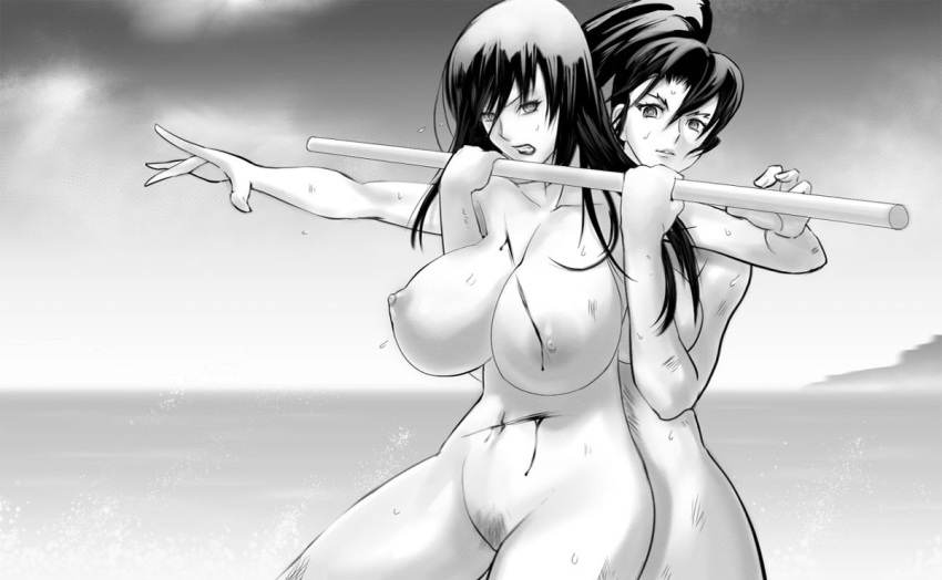 2girls asphyxiation beach bleeding blood breasts bruise catfight choke_hold fighting hair_ribbon injury kousaka_shigure mikazuki_shigure mikumo_kushinada monochrome multiple_girls nude ponytail pubic_hair pussy ribbon shijou_saikyou_no_deshi_ken'ichi staff strangling